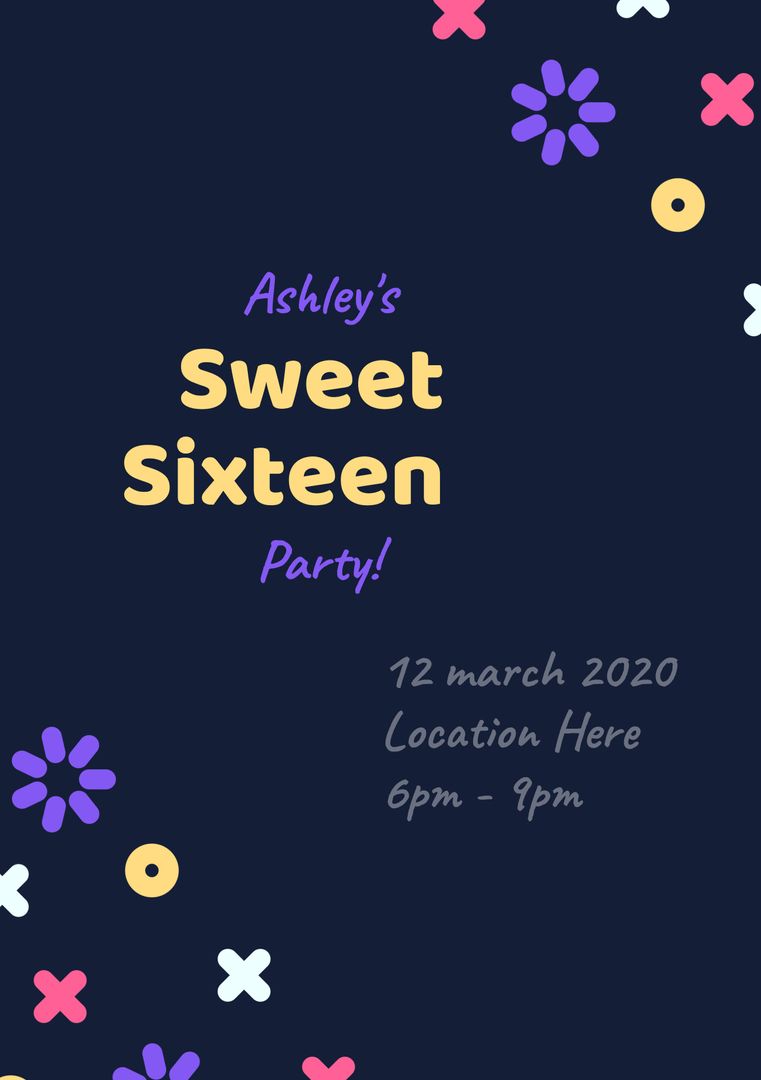 Playful Sweet Sixteen Invitation with Floral Design Elements - Download Free Stock Templates Pikwizard.com