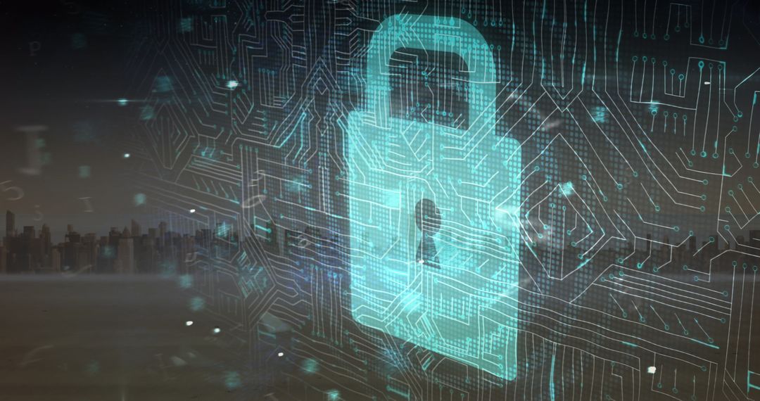 Digital Security Padlock Over Cityscape