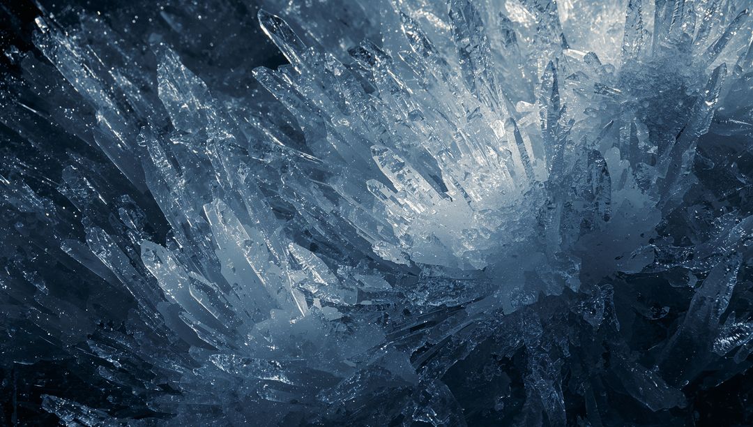 Icy Crystal Cluster Radiating Glassy Shards Close-Up Abstract Blue Frost Texture