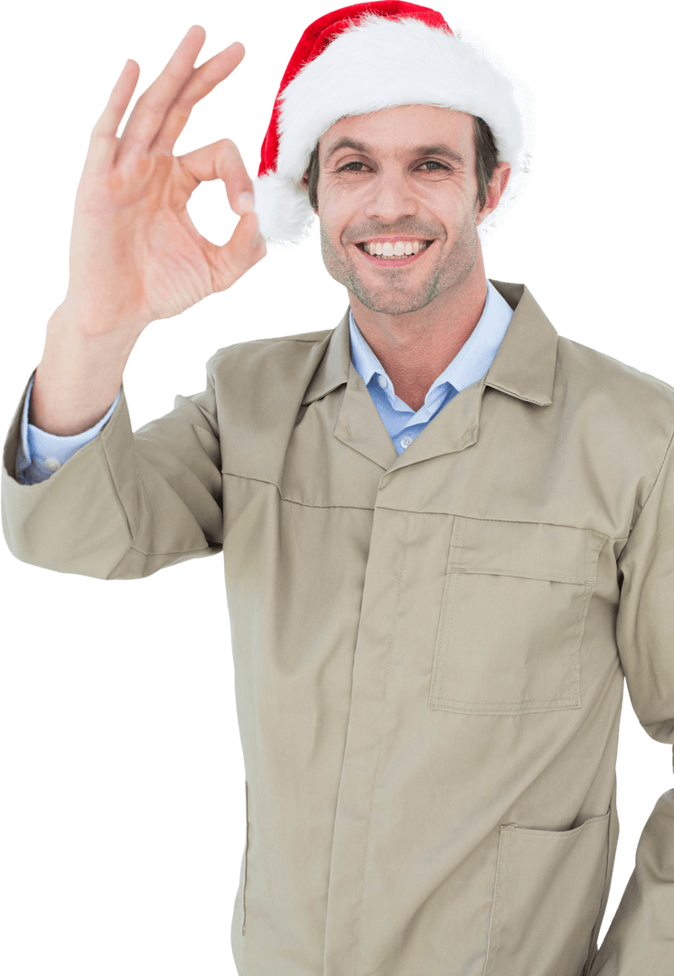 Smiling Delivery Man in Santa Hat Giving OK Gesture Transparent