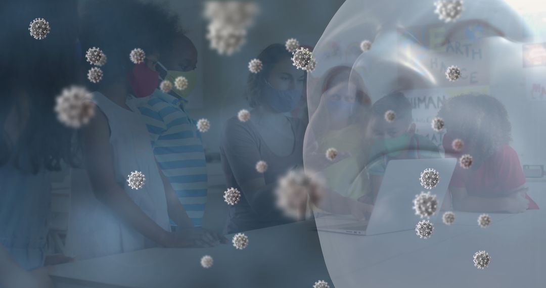 Blended Image of COVID-19 Virus and Masked Classroom Setting