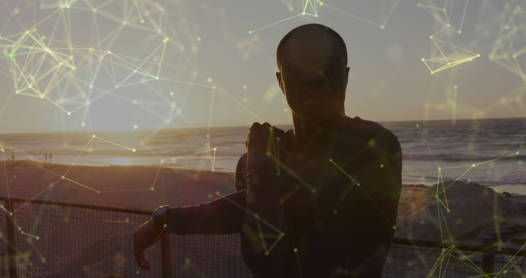 African American Man Exercising with Digital Network Overlay