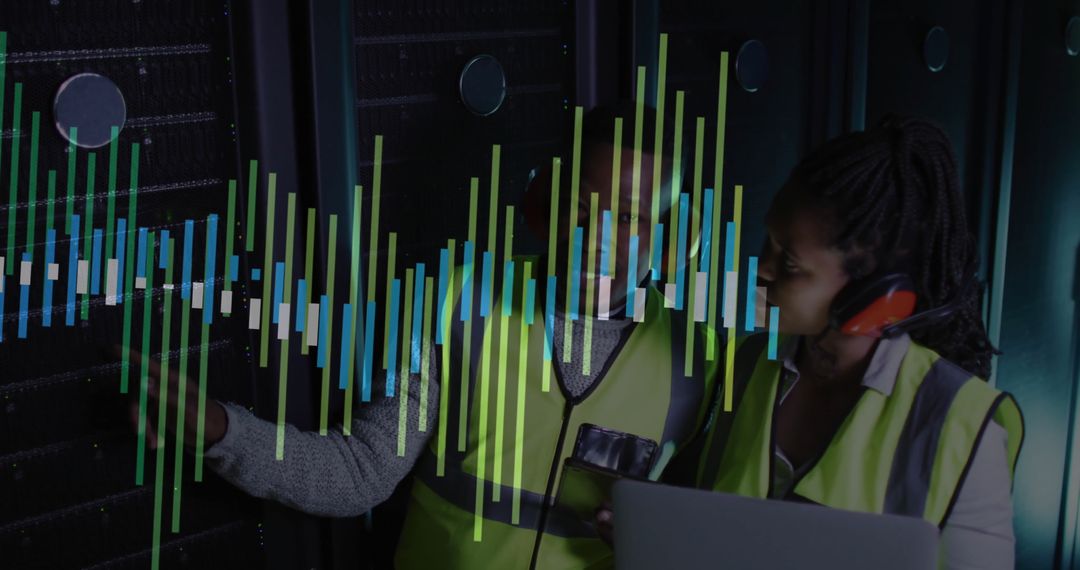 Technicians Inspecting Data Center Servers with Data Overlay