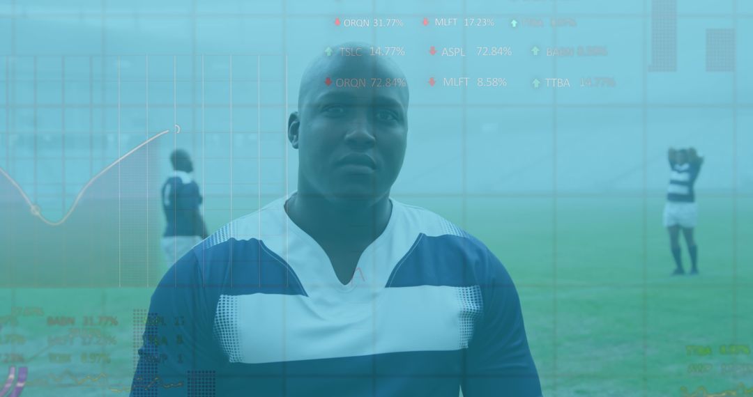 Rugby Player with Digital Data Overlay for Sports Analysis