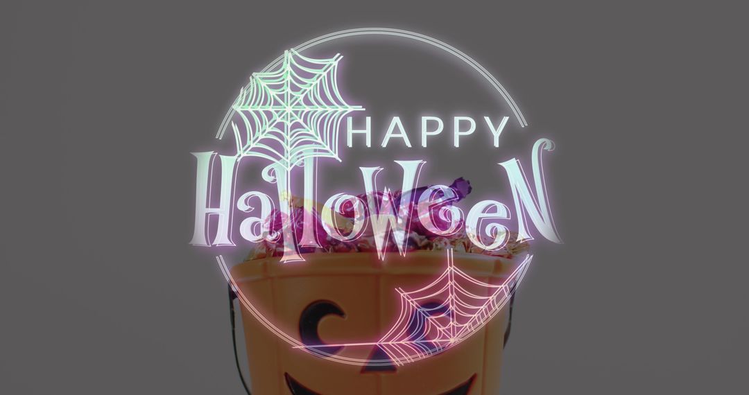 Halloween Candy Overflowing Pumpkin Bucket with Festive Text Design