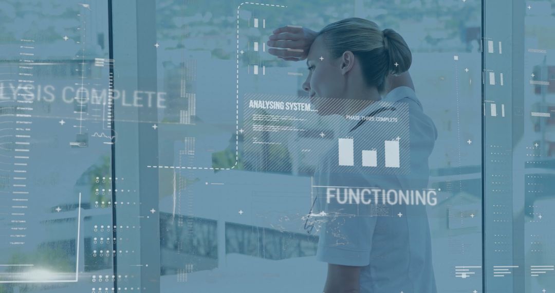 Businesswoman Analyzing Data with Digital Interface Overlays on Urban Background
