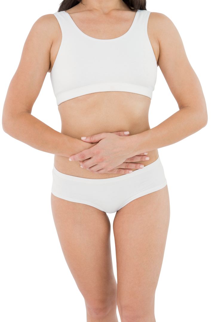 Fit woman in underwear holding stomach in transparent background - Download Free Stock Images Pikwizard.com