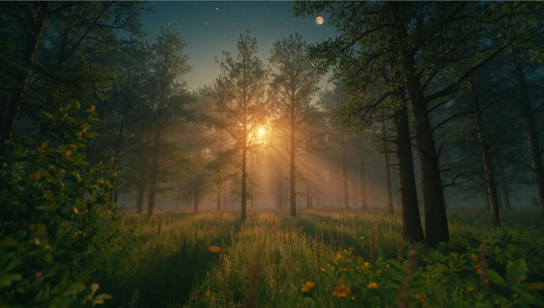 Sun Rays Illuminating Misty Forest Clearing at Dawn