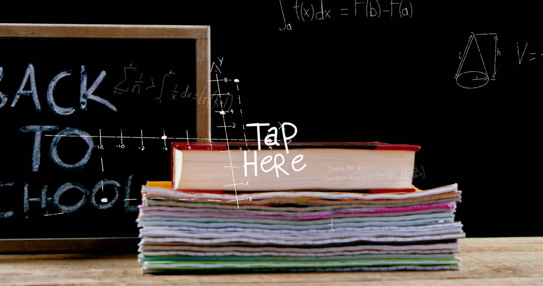 Stack of Books and Chalkboard with Math Equations