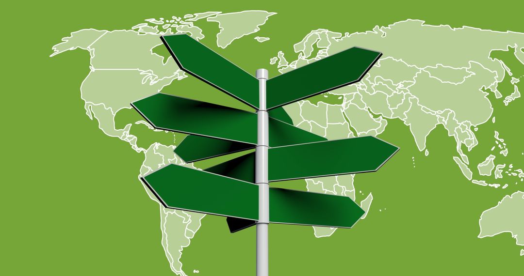 Green Directional Signposts with World Map Background