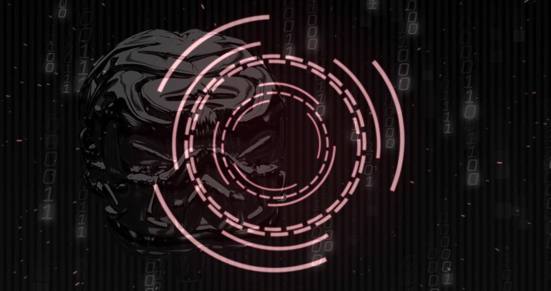 Glossy black sculpted head glowing behind neon-pink HUD rings and falling binary code