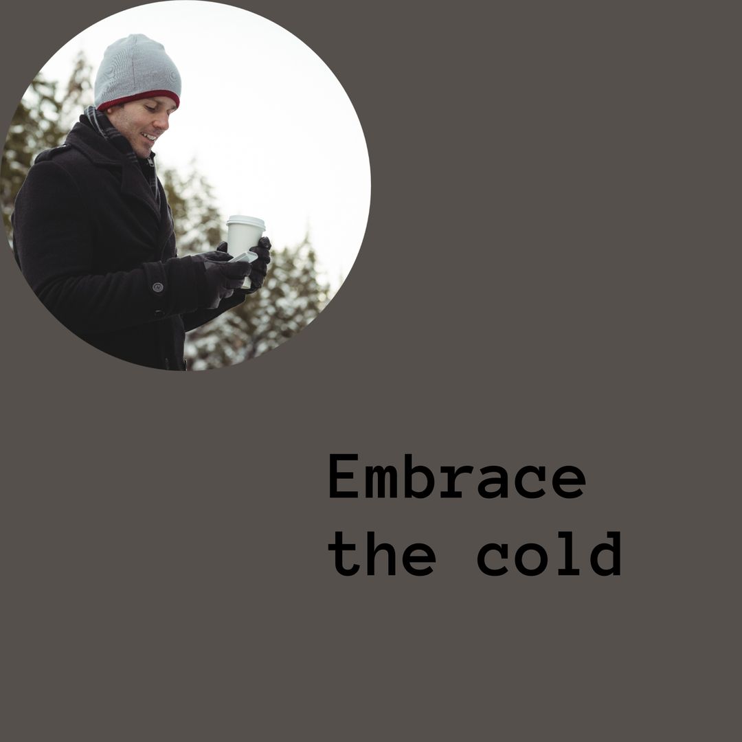 Man Embracing Winter with Warm Drink in Snowy Forest