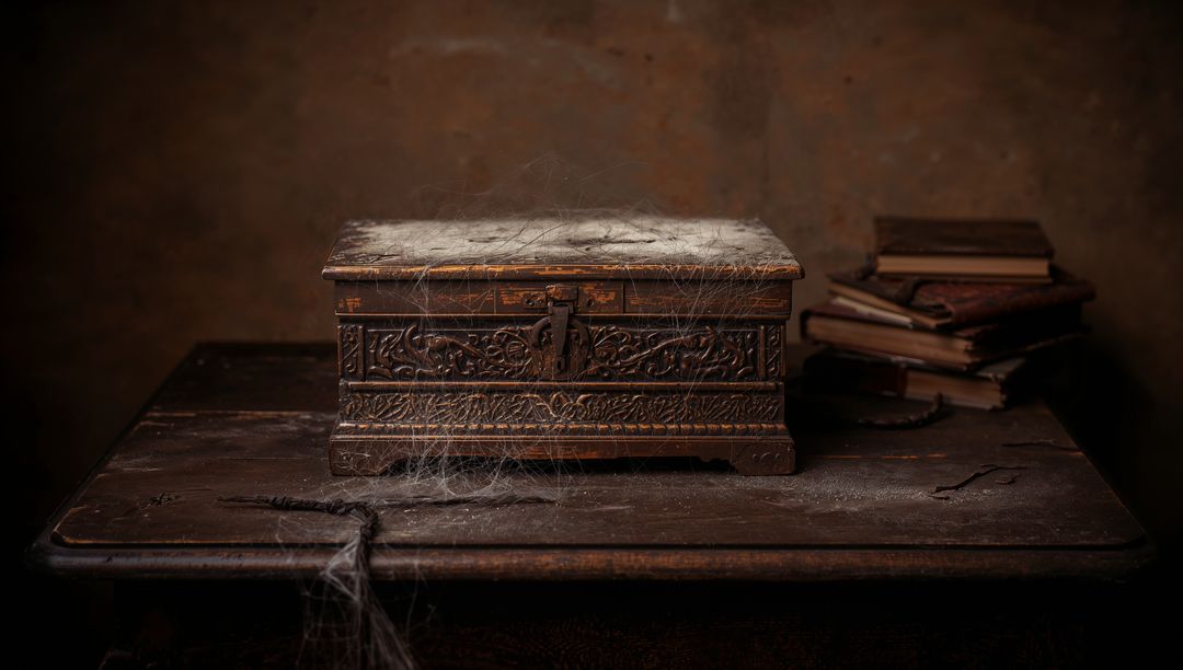 Resting Carved Wooden Chest with Cobwebs on Worn Table Vintage Dusty Still Life