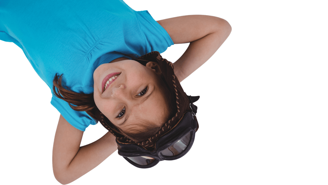 Transparent Upside Down Smiling Girl Wearing Blue Top and Wheat-colored Hat