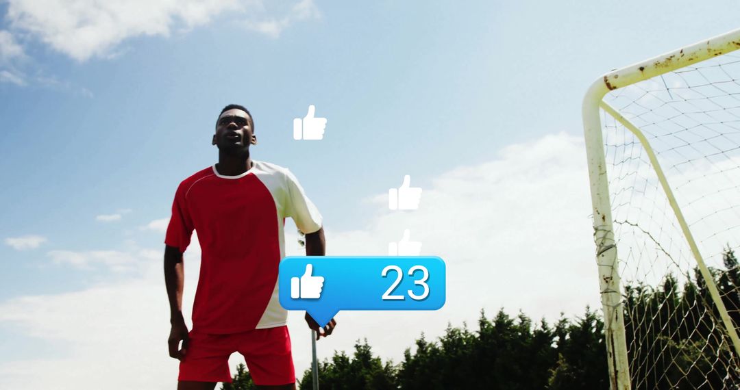 Soccer Player Checking Smartphone near Goalpost with Social Media Likes