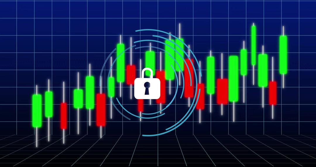 Cybersecurity Icon Overlay on Financial Candlestick Chart