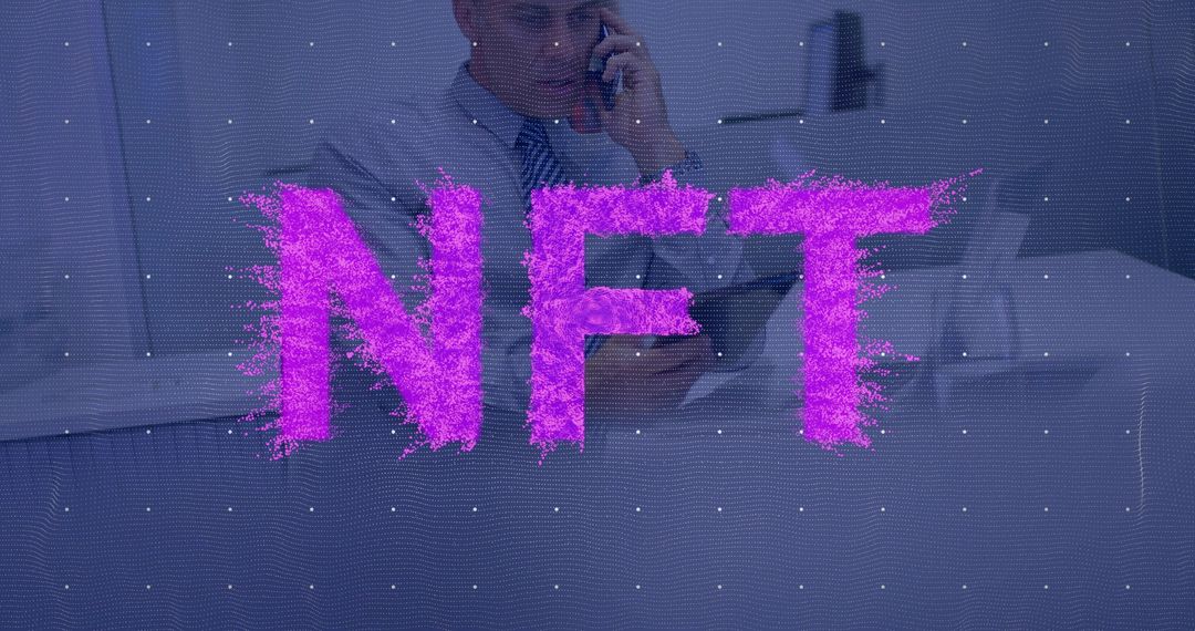 Executive using smartphone with magenta NFT digital grid overlay