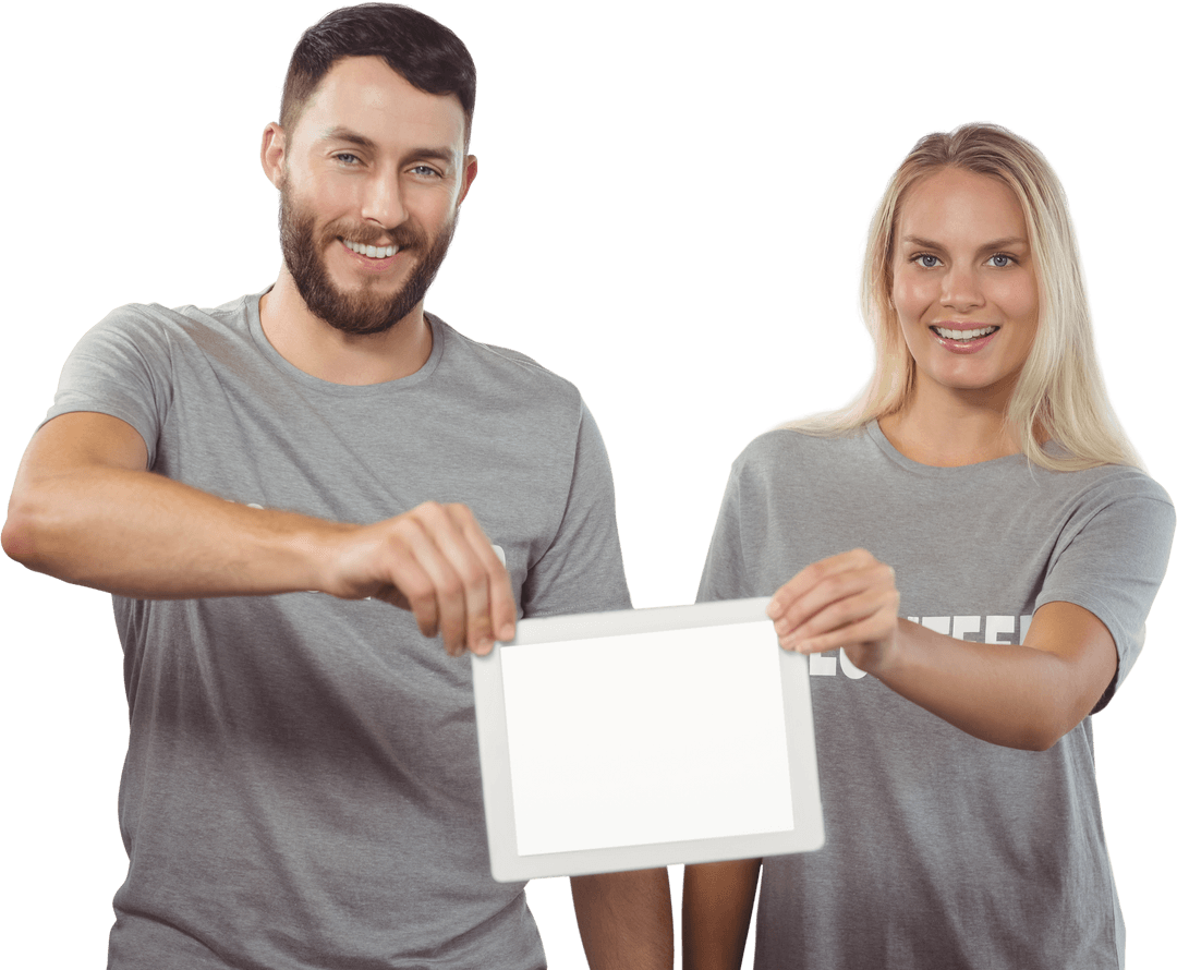 Smiling Volunteers Holding Tablet Transparent Background