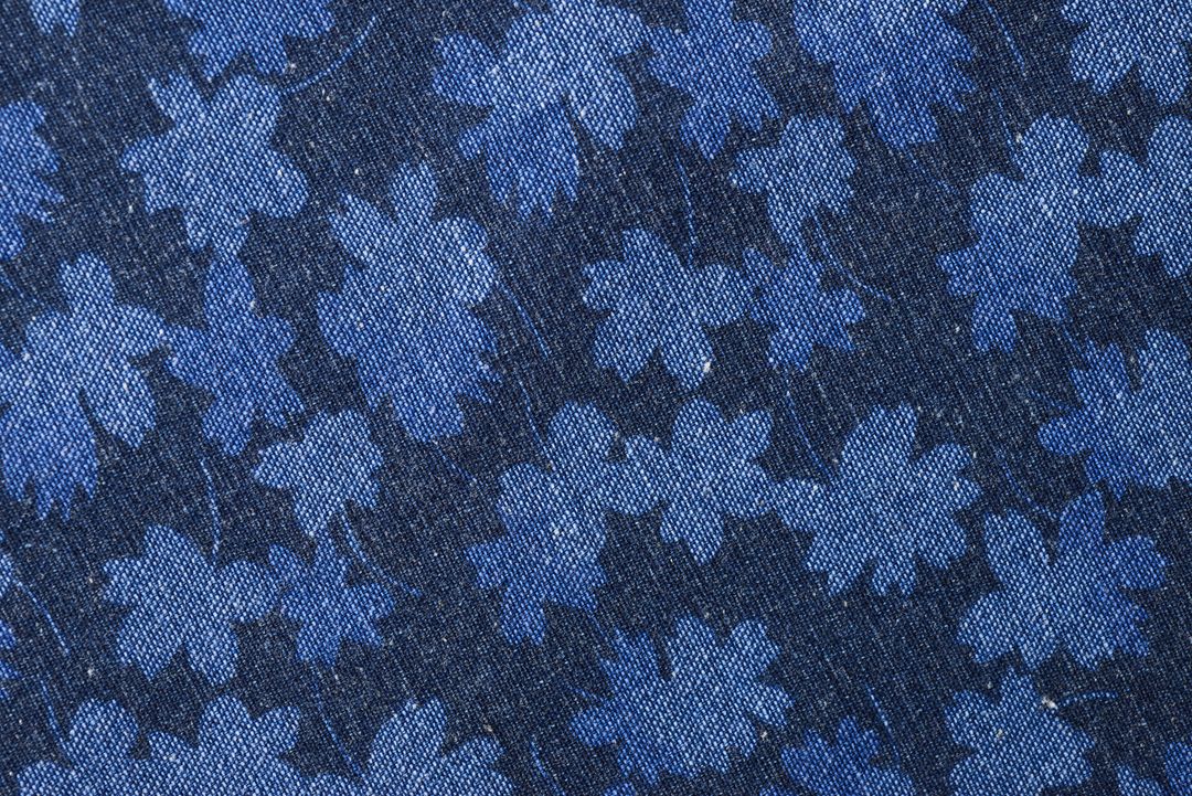 Indigo Denim Fabric Featuring Blue Sakura Floral Print Texture for Fashion and Crafts