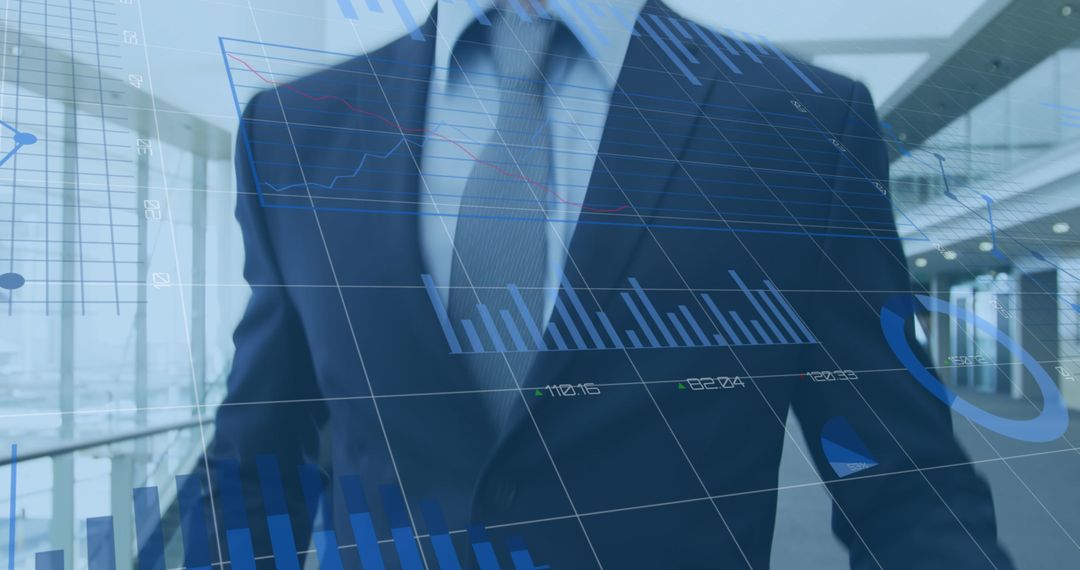 Businessman Walking with Financial Data Overlay in Corporate Setting