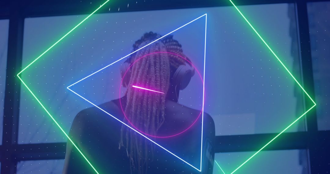 Woman on Treadmill with Neon Data Interface in Modern Tech Setting