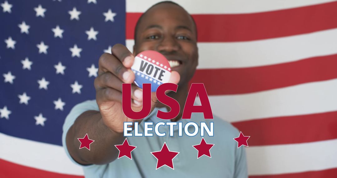 Smiling Man Holding Vote Button with American Flag Background