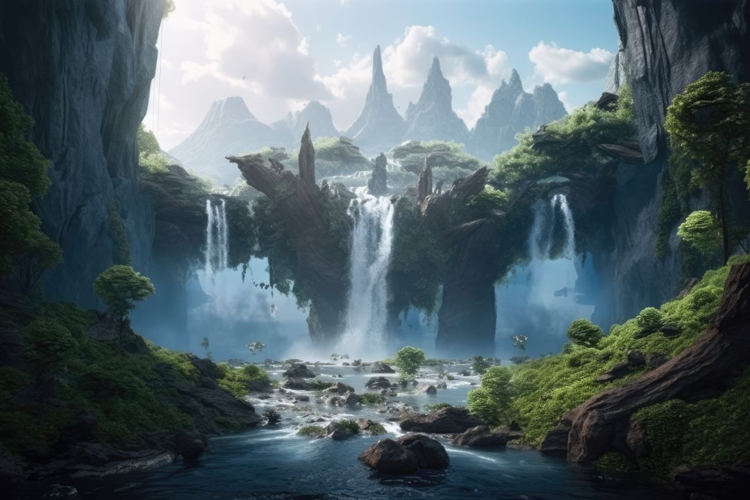 Fantasy landscape with waterfalls, river and mountains created using generative ai technology - Free Images, Stock Photos and Pictures on Pikwizard.com