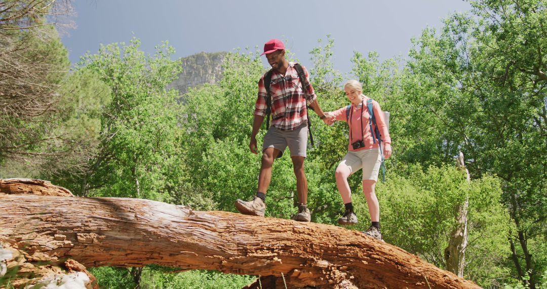 Couple Hiking in Forest Balancing on Fallen Tree - Free Images, Stock Photos and Pictures on Pikwizard.com