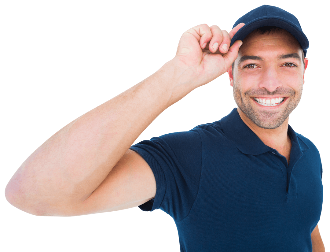 Smiling Delivery Man in Cap Isolated on Transparent Background