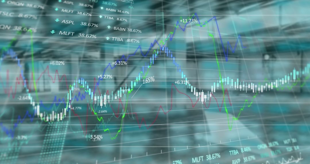 Finance Data Overlay on Empty Industrial Warehouse