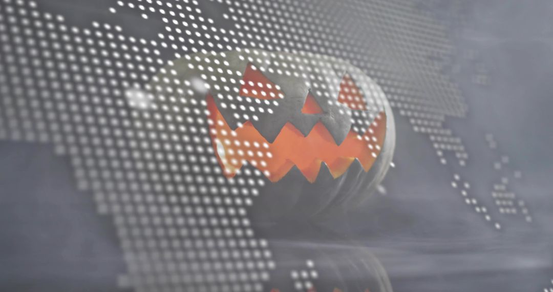Glowing Jack-o'-Lantern on Reflective Surface with Dotted World Map Overlay and Fog