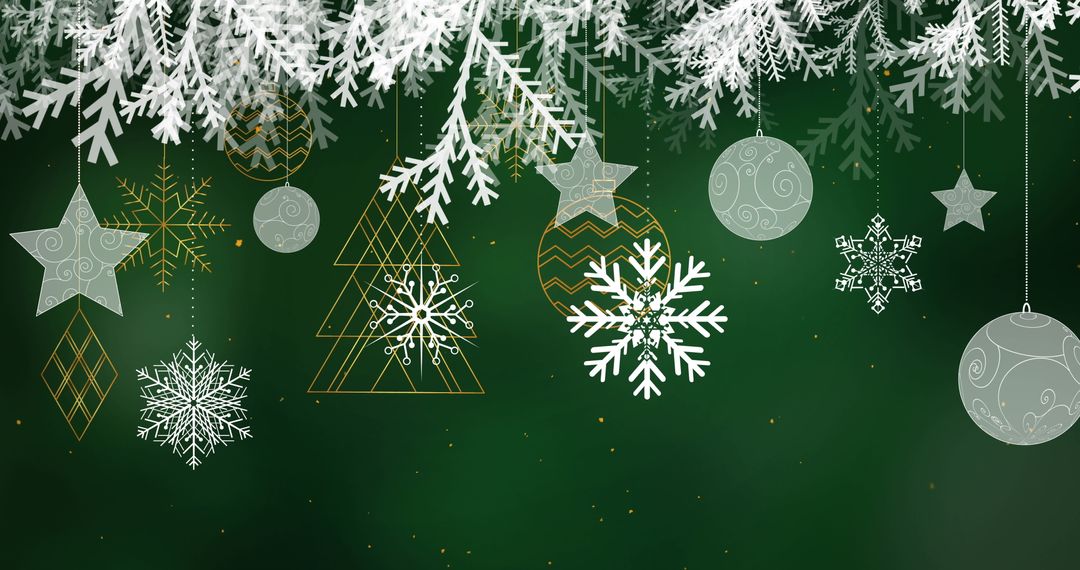 Elegant Christmas Decorations with Snowflakes and Stars on Green