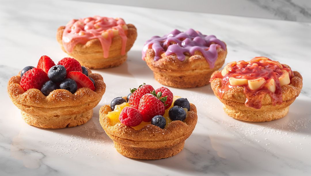 Mini fruit tartlets featuring mixed berries and colorful glazes on marble countertop