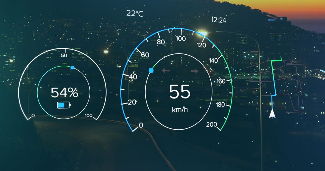 Digital Dashboard Interface over City Silhouette