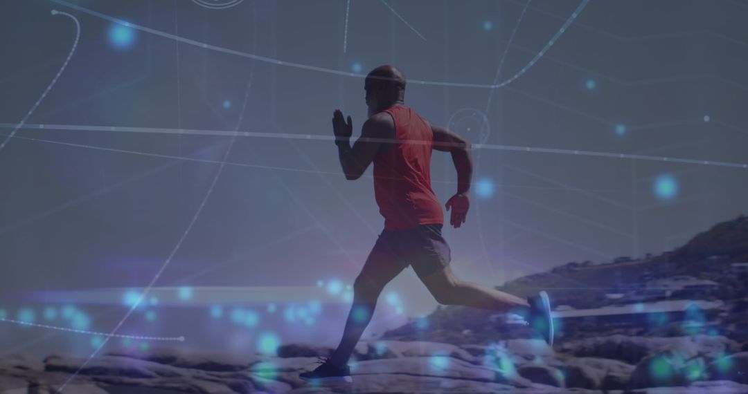 Athletic Man Jogging on Beach with Futuristic Data Visualization