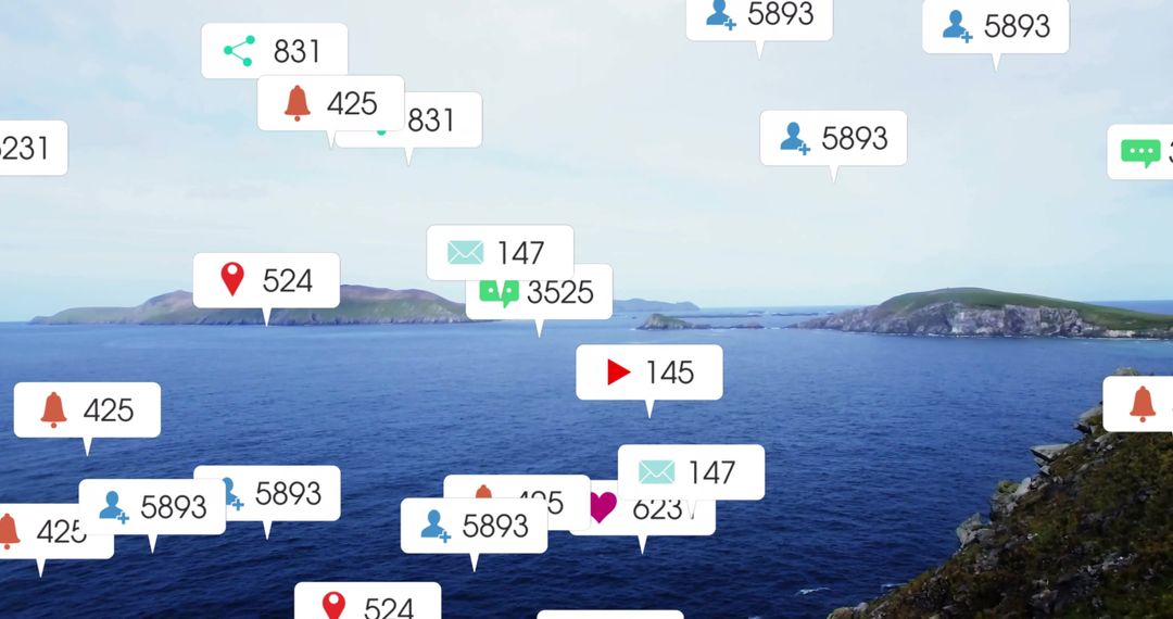 Digital Notifications Floating Over Serene Ocean View