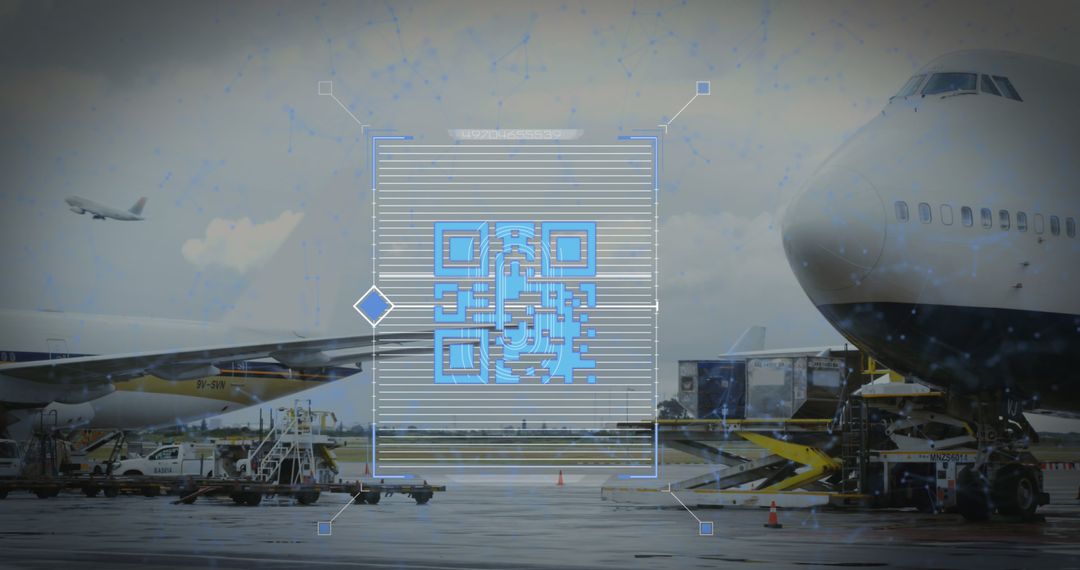 QR Code Technology Overlaid on Airport Runway with Commerical Airplane