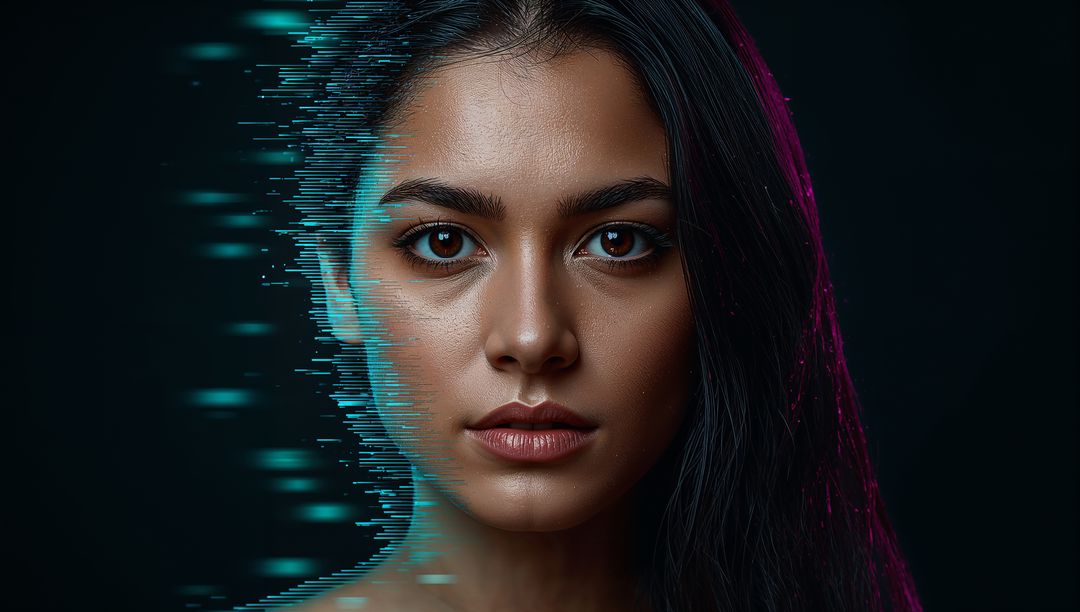 Woman's Portrait with Digital Glitch Effect and Cyber Lighting
