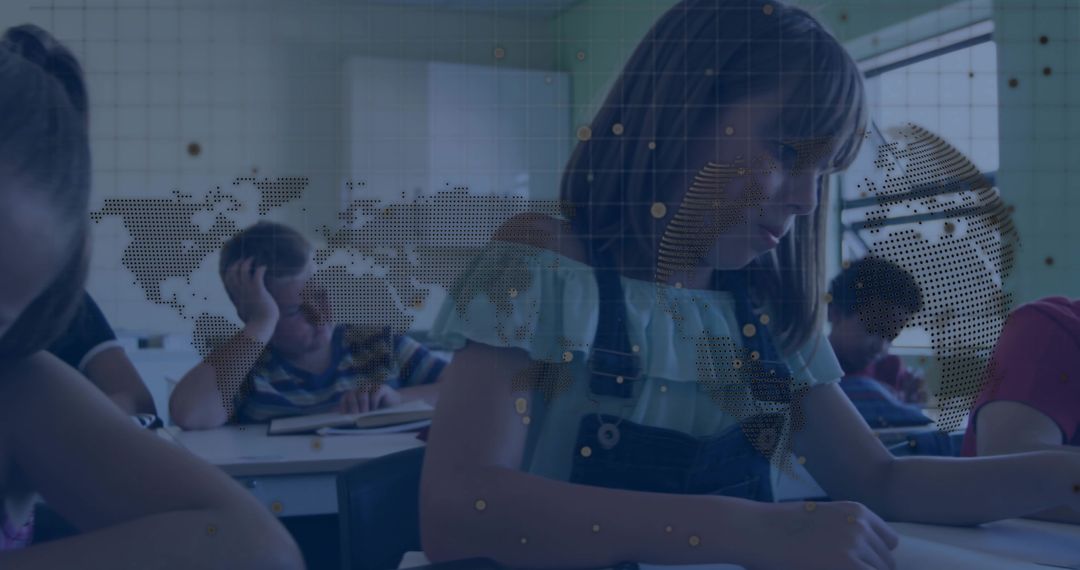 Focused Schoolgirl Studying in Classroom with World Map Overlay