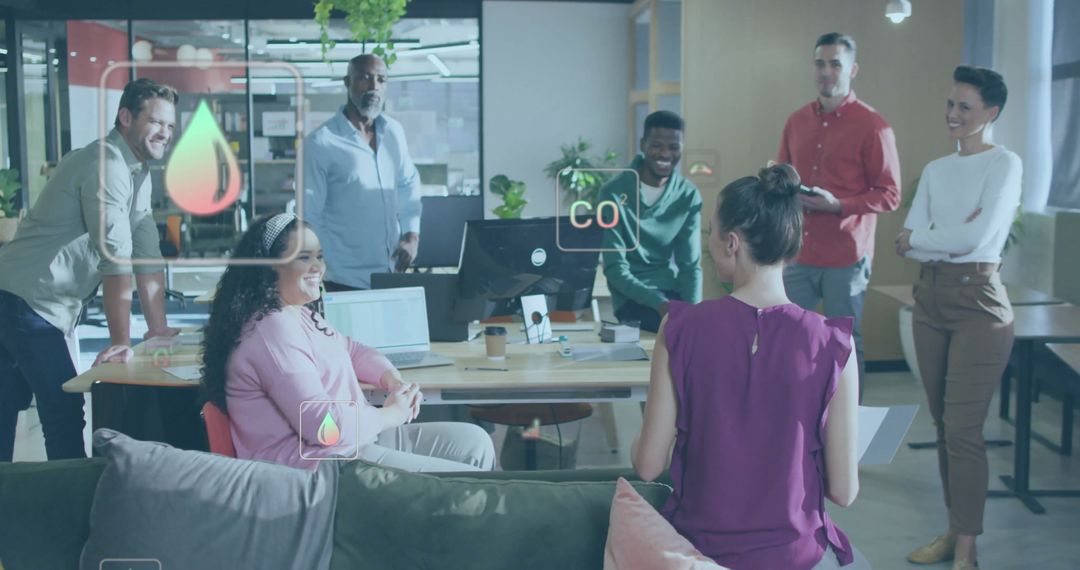 Diverse Team Discussing Eco-Friendly Concepts in Modern Office