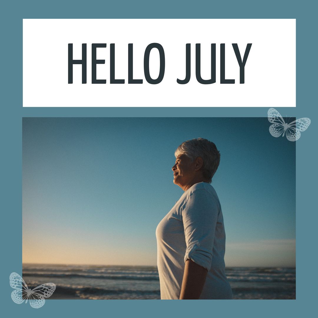 Senior Woman Enjoying Beachfront in Summer Month of July