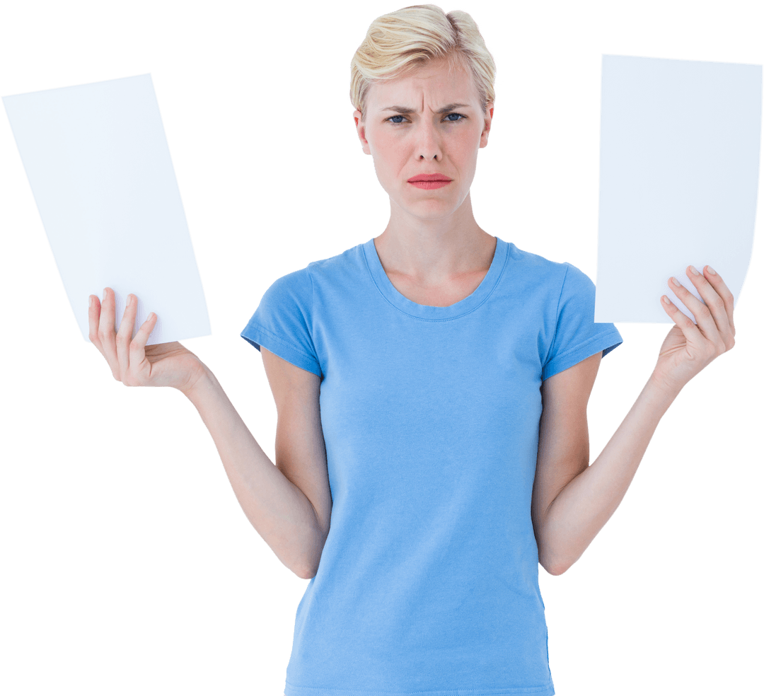 Frustrated Woman Holding Papers on Transparent Background