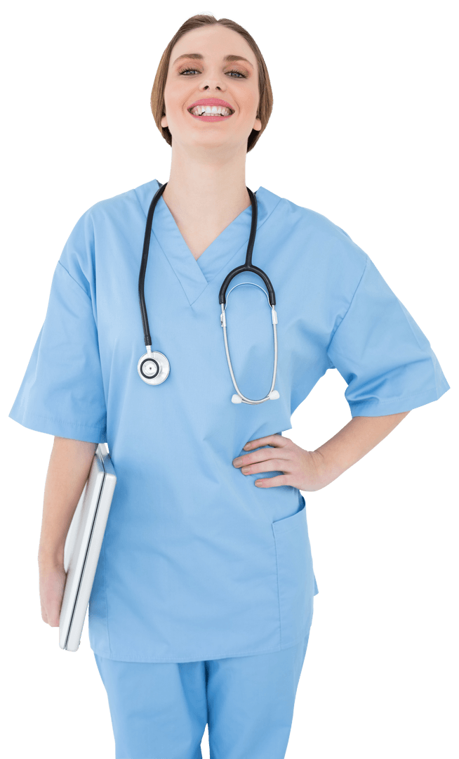 Laughing Female Doctor in Scrubs with Notebook Looking Confident