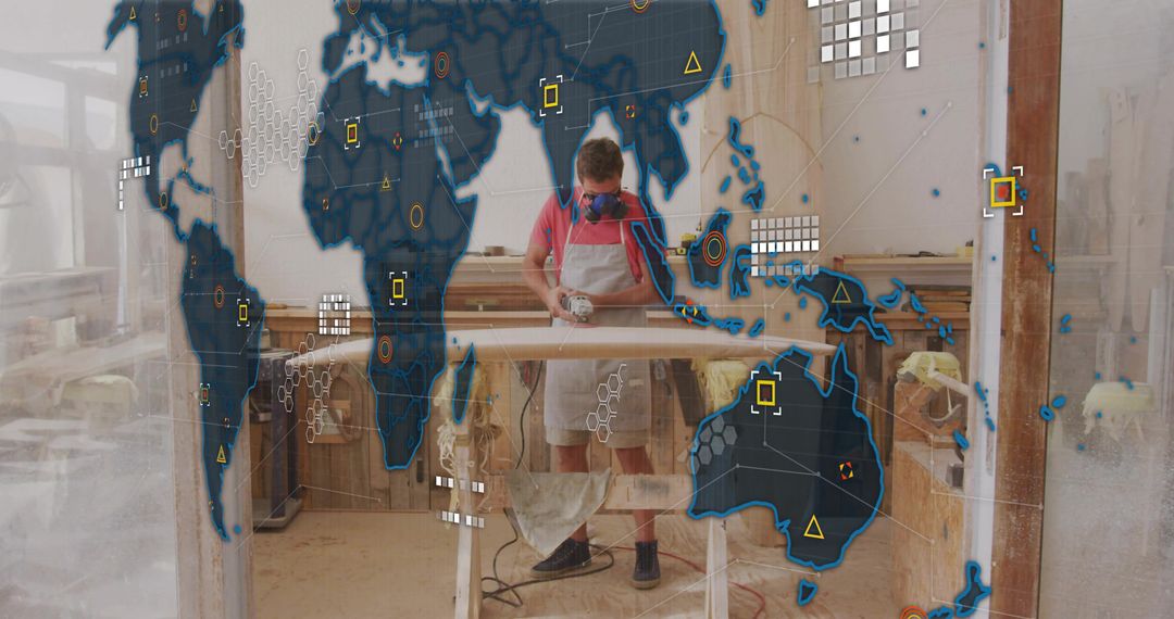 Woodworker Sanding Board in Workshop with Augmented Reality HUD Overlay