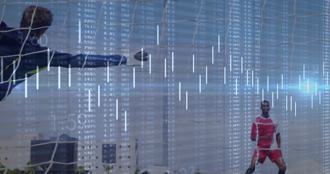 Goalkeeper Diving to Save Soccer Ball with Financial Overlays