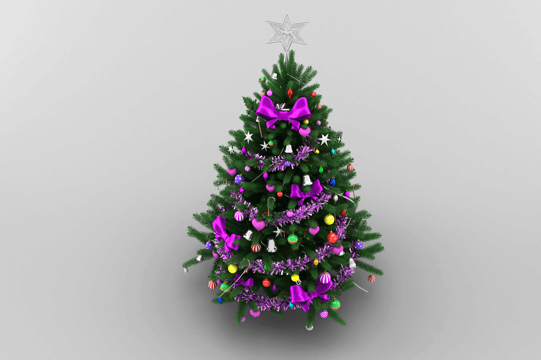 Transparent Festive Christmas Tree Decorated with Purple Ribbon