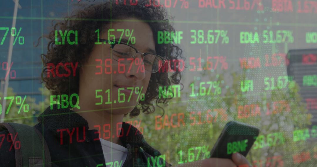 Young Man Analyzing Stock Market Data on Smartphone Outdoors