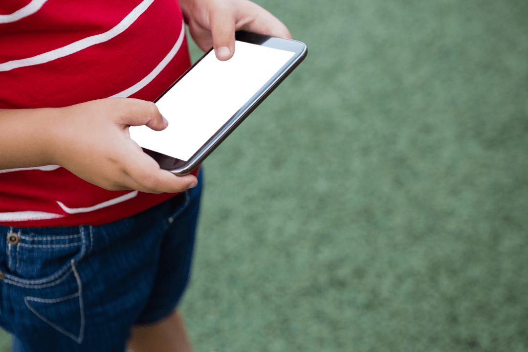 Child Using Smartphone Outdoors With Transparent Background