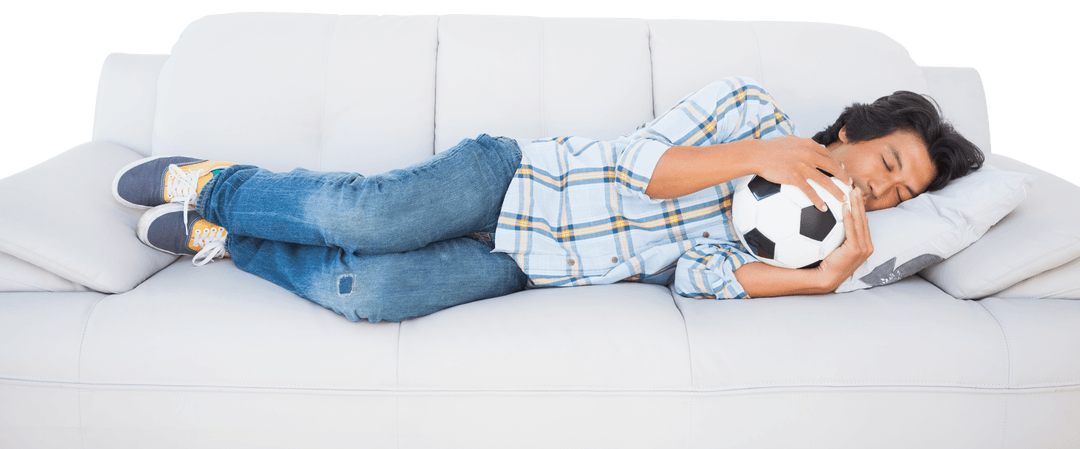Football Fan Sleeping Comfortably on Sofa with Soccer Ball Transparent