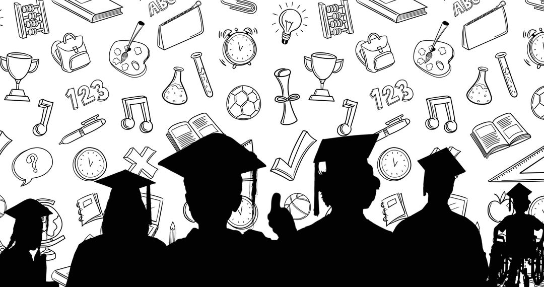 Silhouettes of Graduates with Education Doodle Background - Free Images, Stock Photos and Pictures on Pikwizard.com